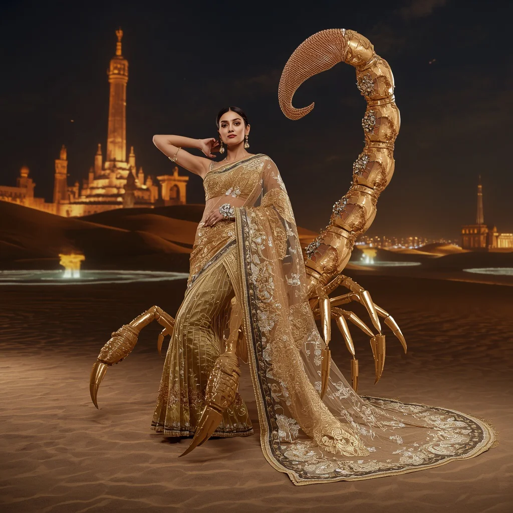 Luxury Crystal Scorpion Saree with Desert Crown Megafortress | gemini prompt trending - Professional Solid Saree AI Image Prompts for Executive Elegance AI Prompt