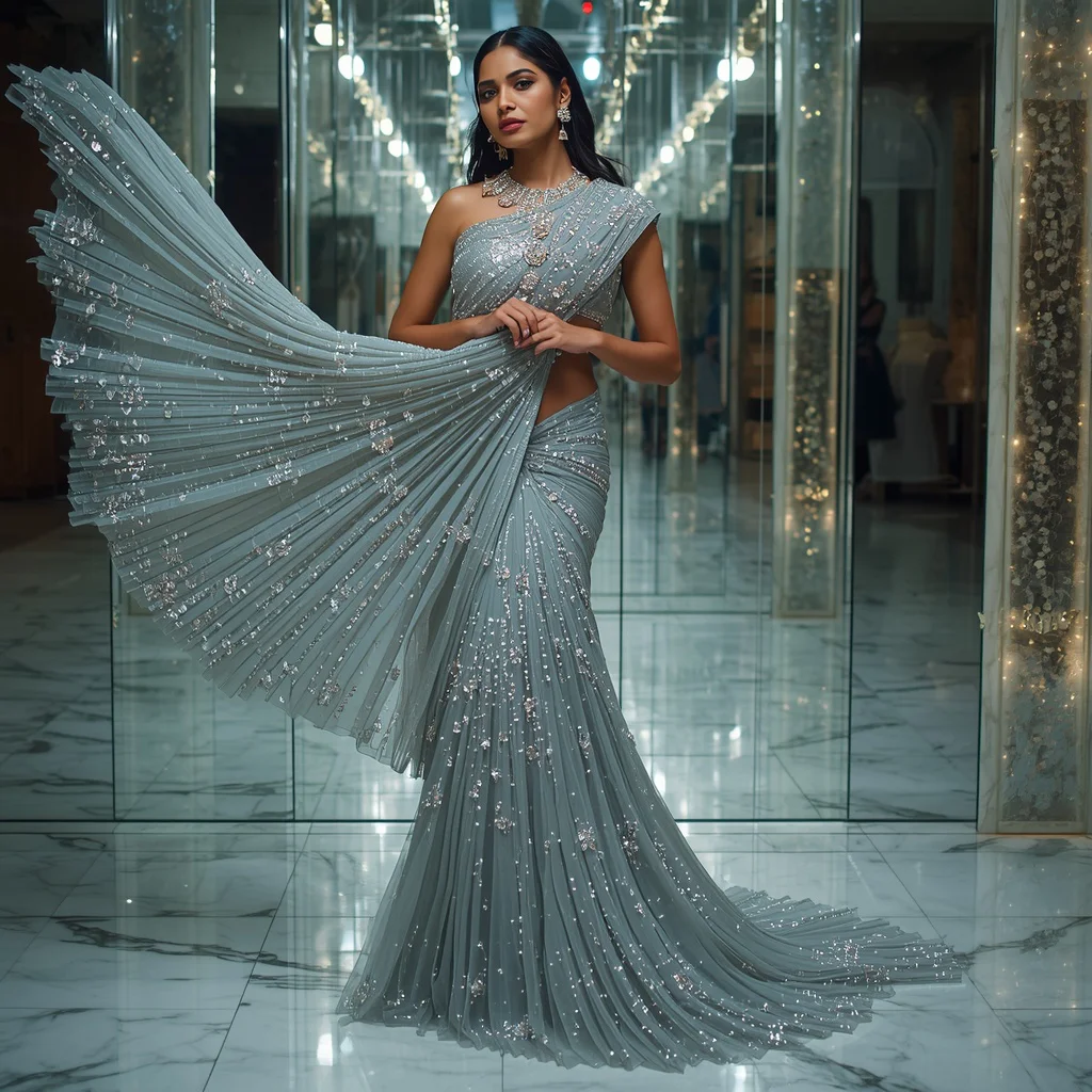 Luxury Crystal Storm Saree Pose with Mirror Infinity Chamber Background | retro style prompt for gemini girl in saree in english - Traditional Pochampally Saree AI Image Prompts for Rich Weaves AI Prompt
