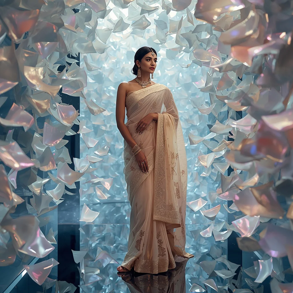 Luxury Designer Festive Pastel Saree With Floating Metallic Silk Petal Storm Architecture Concept Design | new chat gpt prompt trend - Best 10 Serene Child Saree AI Prompts for Lakeside Meditation Photography AI Prompt