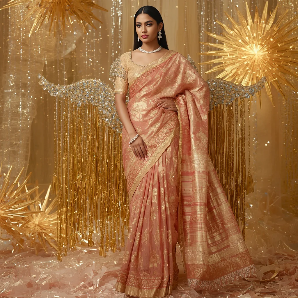 Luxury Festival Prism Saree Couture with Golden Reflection Crystal Infinity Dome Background | saree selfie ai prompt - New 10 Traditional Young Girl Saree AI Prompts for Village Temple Visits AI Prompt