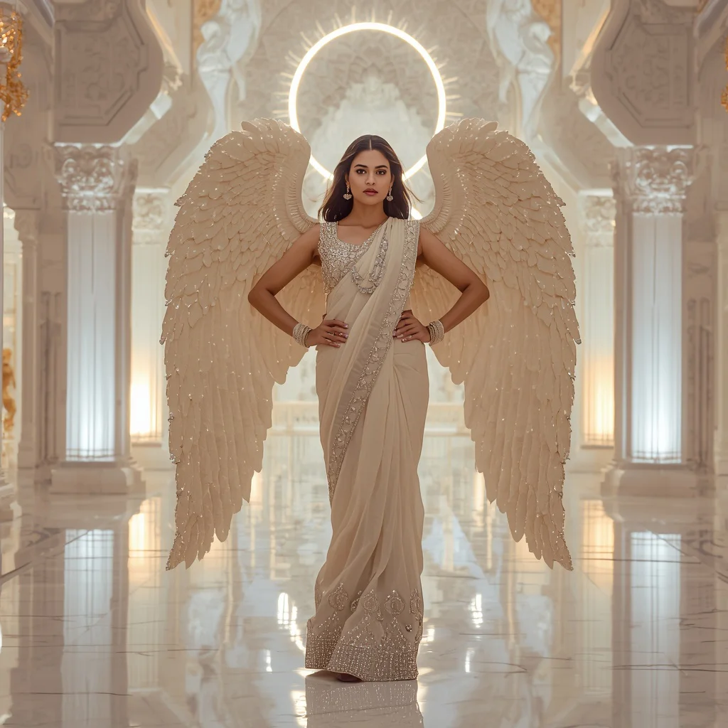 Luxury Giant Angel Halo Saree Fashion Pose with White Fantasy Temple Background | saree profile pic ai prompt - Ethereal Silk Organza Saree AI Prompts for Delicate Charm AI Prompt