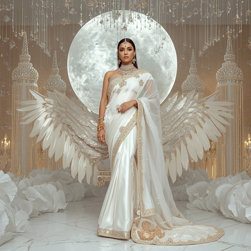 Luxury White Moon Saree Couture with Floating Crystal Swan Palace Background | red saree prompt for chatgpt - Top 10 Charming Teen Saree AI Image Prompts for Historical reenactments AI Prompt