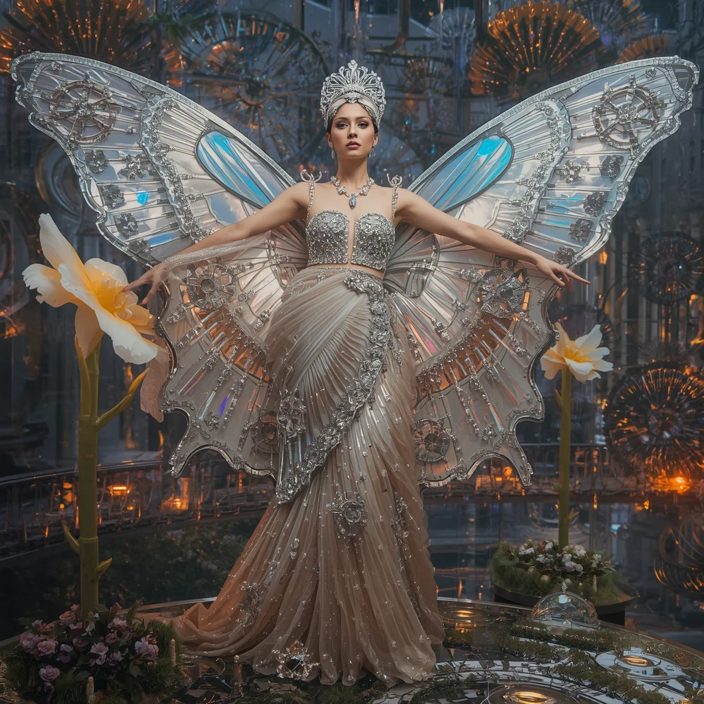 Mechanical Butterfly Queen Saree with Floating Clockwork Garden Kingdom | traditional saree prompt in english images - Top 10 Charming Teen Saree AI Image Prompts for Historical reenactments AI Prompt