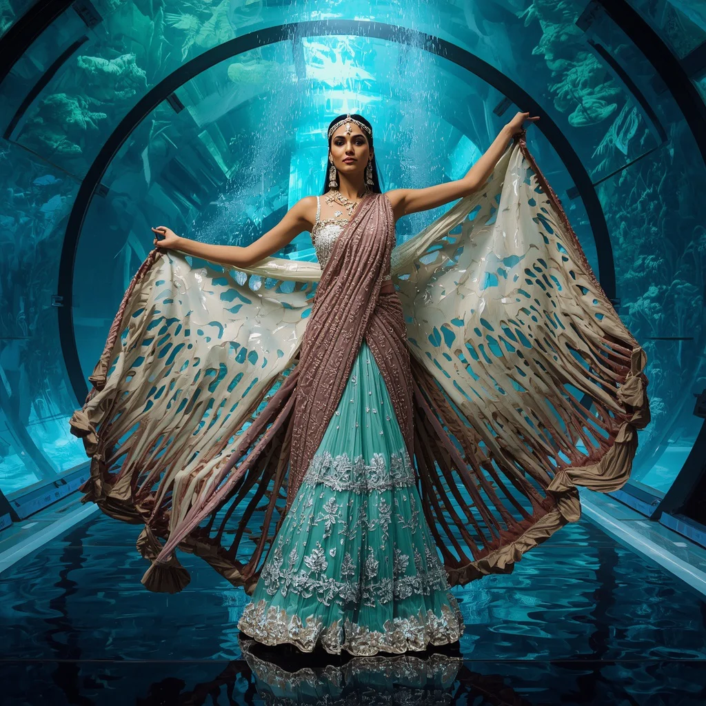 Metallic Coral Wing Saree with Underwater Fantasy Palace | gemini ai photo prompt trending 2026 - Artistic Hand-Painted Floral Saree AI Prompts for Garden Elegance AI Prompt
