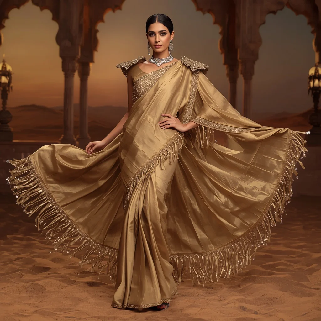 Metallic Desert Storm Saree with Arabian Luxury Background | saree prompt for women in english - Traditional Mysore Silk Saree AI Image Prompts for Southern Charm AI Prompt