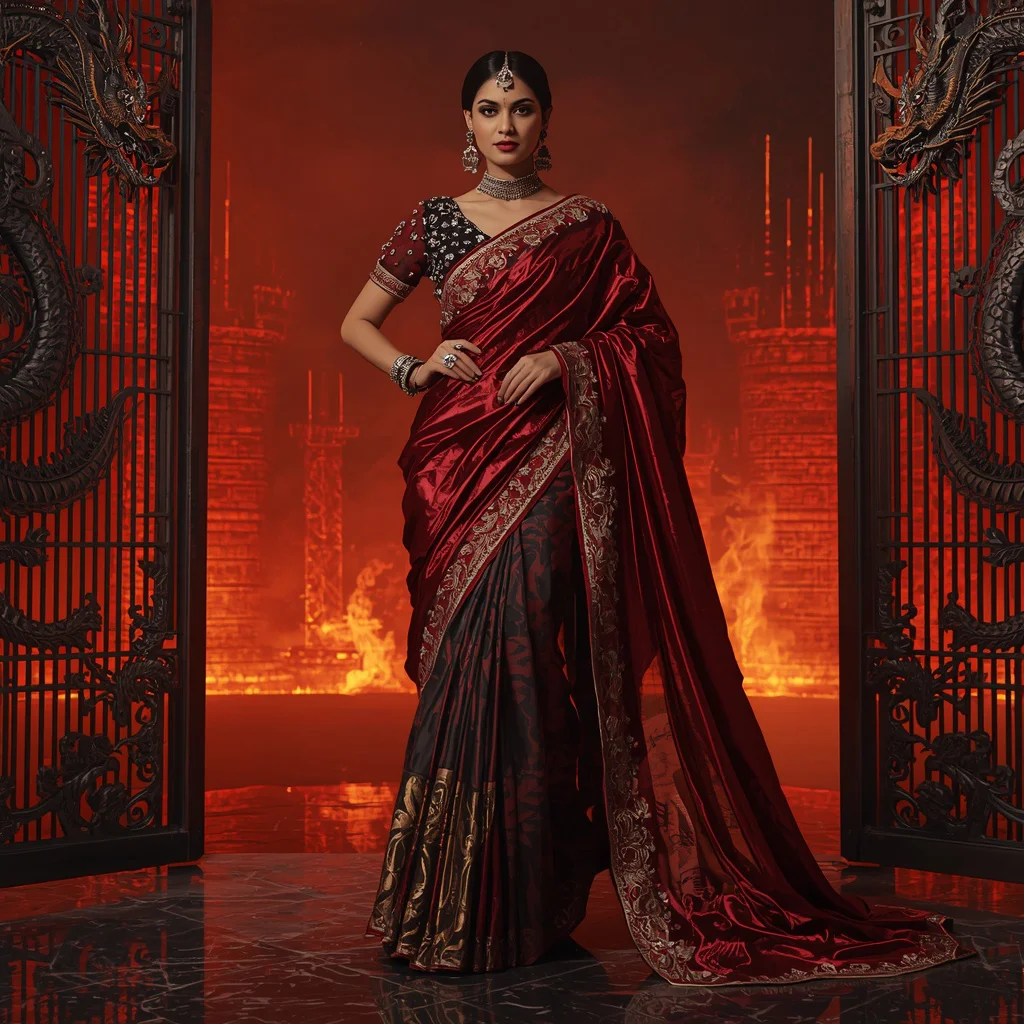 Metallic Dragon Gate Saree with Fire Empire Fortress | free prompt text - Top 10 Charming Teen Saree AI Image Prompts for School Talent Shows AI Prompt