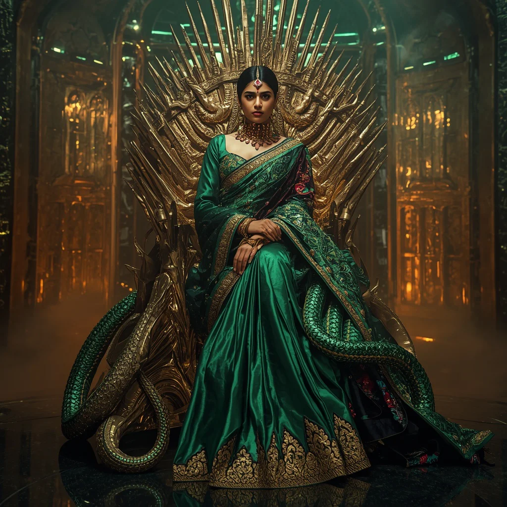 Metallic Emerald Serpent Throne Saree with Jewel Kingdom Fortress | trending prompt copy paste instagram - Charming Young Girl Saree AI Image Prompts for Vibrant Cultural Portraits AI Prompt