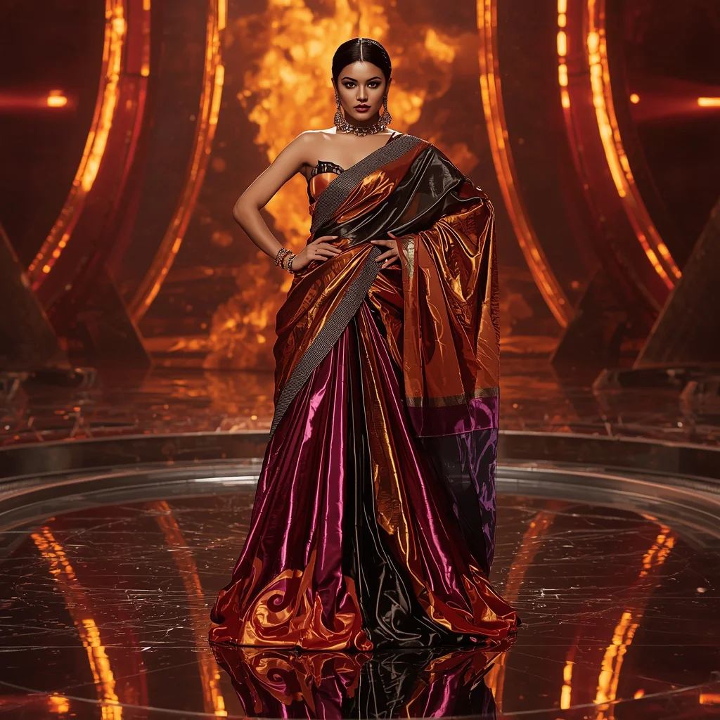 Metallic Fire Armor Saree with Ember Reflection Arena | new ai prompt chatgpt - Best 10 Serene Child Saree AI Prompts for Cloud Gazing Photography AI Prompt