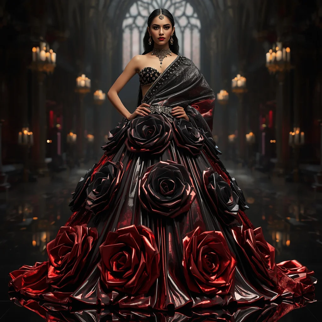 Metallic Gothic Rose Saree with Dark Cathedral Ballroom | chatgpt saree prompt instagram - Best 10 Serene Child Saree AI Prompts for Cloud Gazing Photography AI Prompt