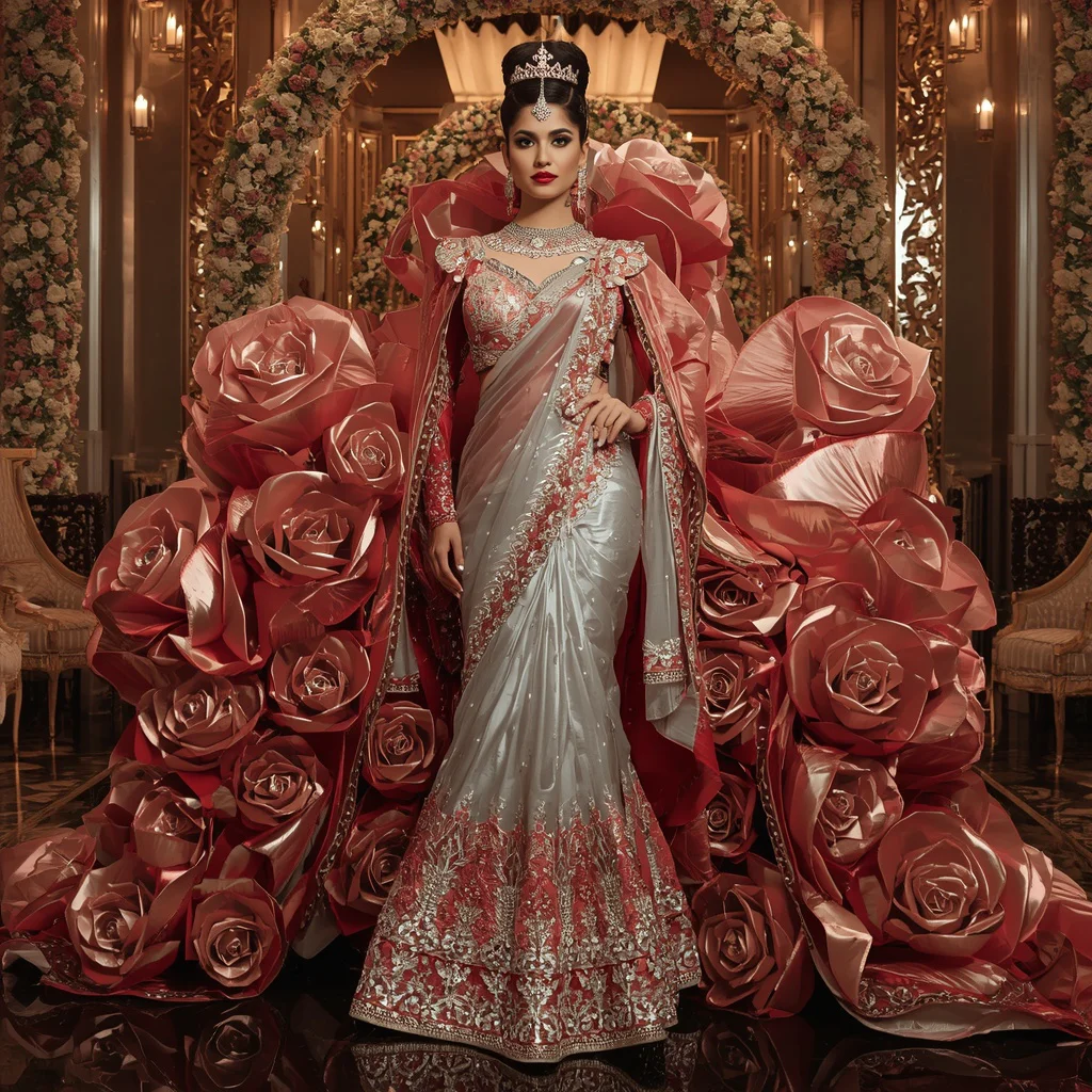 Metallic Rose Fortress Queen Saree with Floral Empire Palace | prompt for gemini girl in saree instagram - Top 10 Charming Teen Saree AI Image Prompts for School Talent Shows AI Prompt