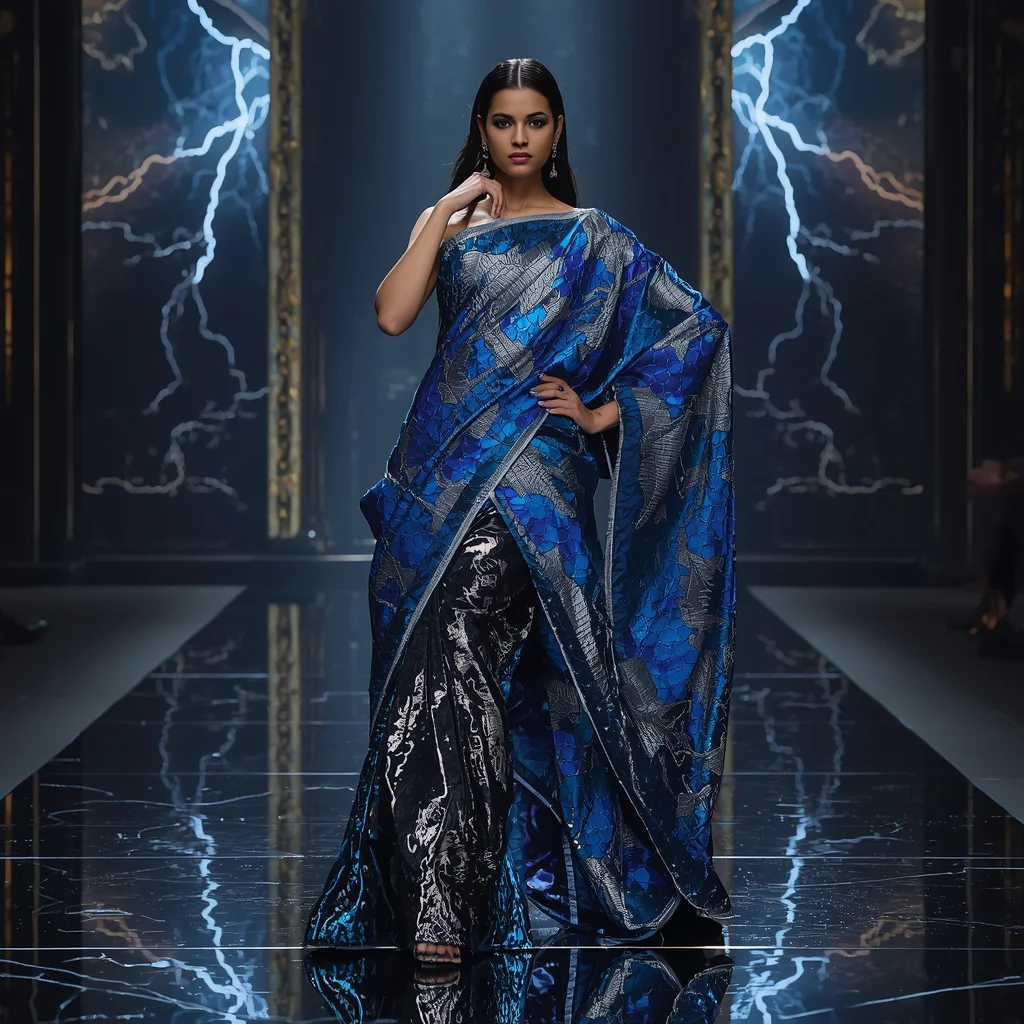 Metallic Thunder Dragon Saree with Electric Dark Palace | prompt for saree look for girl instagram - Best 10 Serene Child Saree AI Prompts for Cloud Gazing Photography AI Prompt