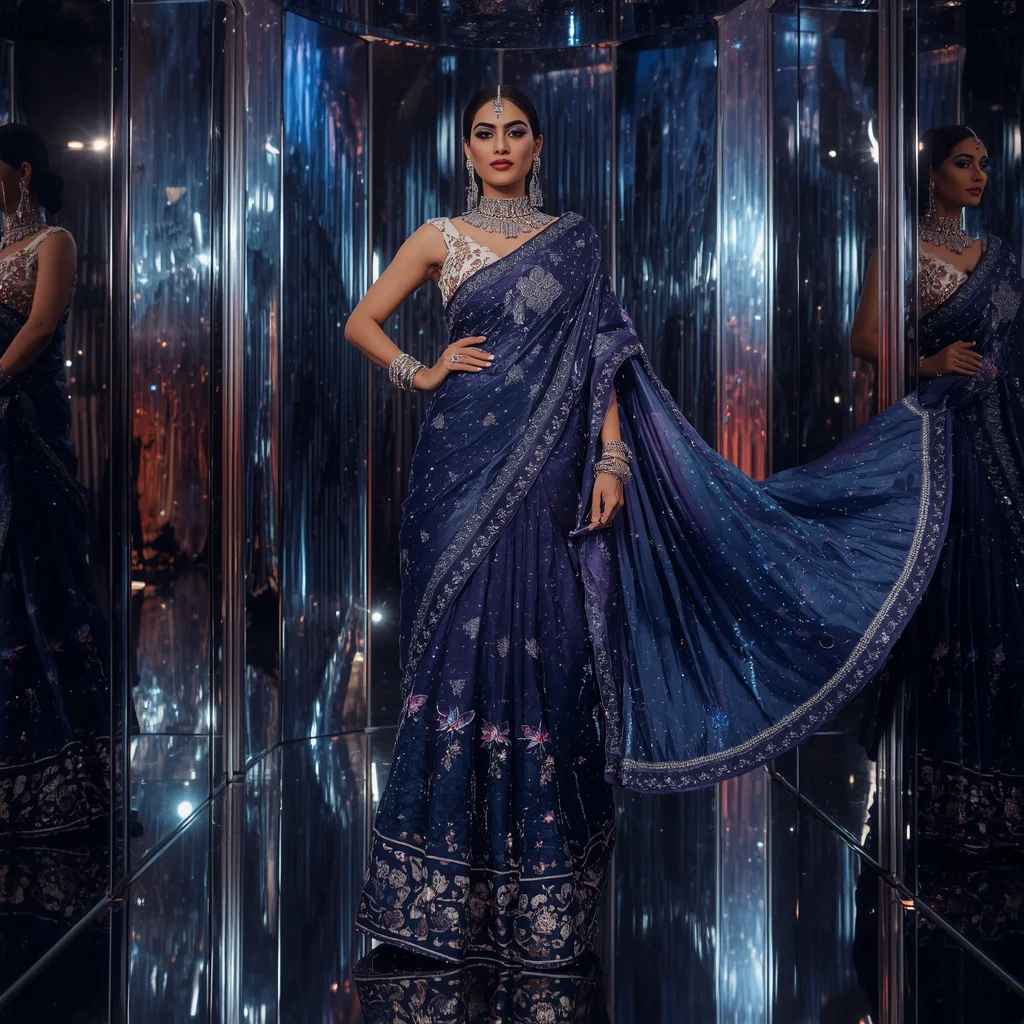 Midnight Galaxy Maharani Saree with Cosmic Reflection Crystal Realm | prompt seen trending girl instagram - Classic Jamdani Saree AI Image Prompts for Elegant Artistry AI Prompt