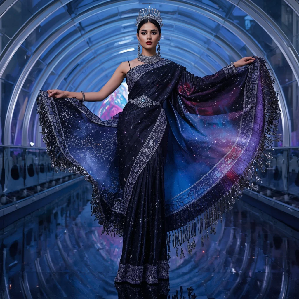 Midnight Galaxy Nebula Crown Saree with Cosmic Infinity Prism Crown Hall | ai new prompt generator - Best 10 Artistic Child Saree AI Prompts for Digital Mixed Media Art AI Prompt