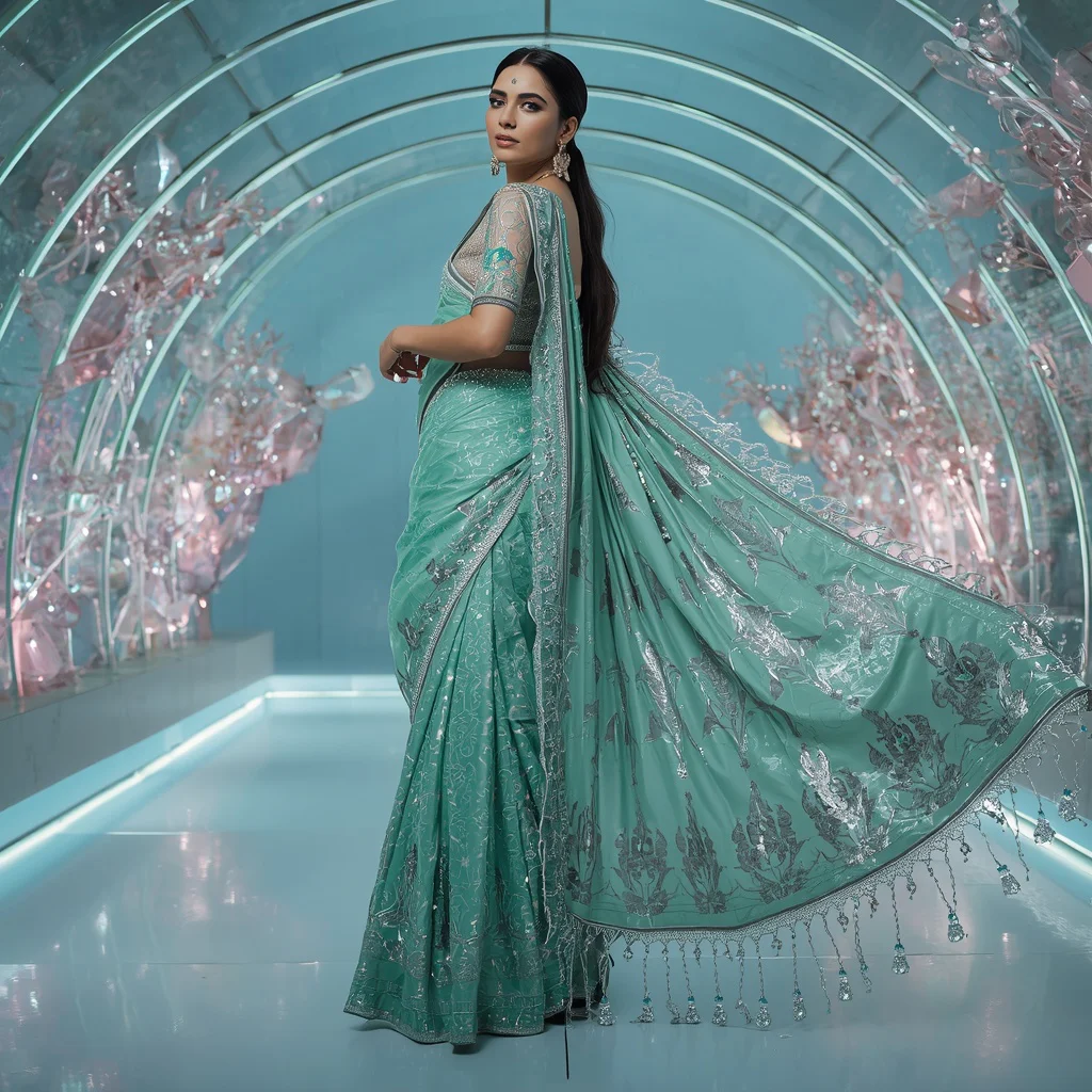 Mint Aurora Crystal Garden Saree with Floating Holographic Prism Crown Hall | cute prompt for girls in saree aesthetic - Top 10 Modern Teen Saree AI Prompts for Urban Street Photography AI Prompt