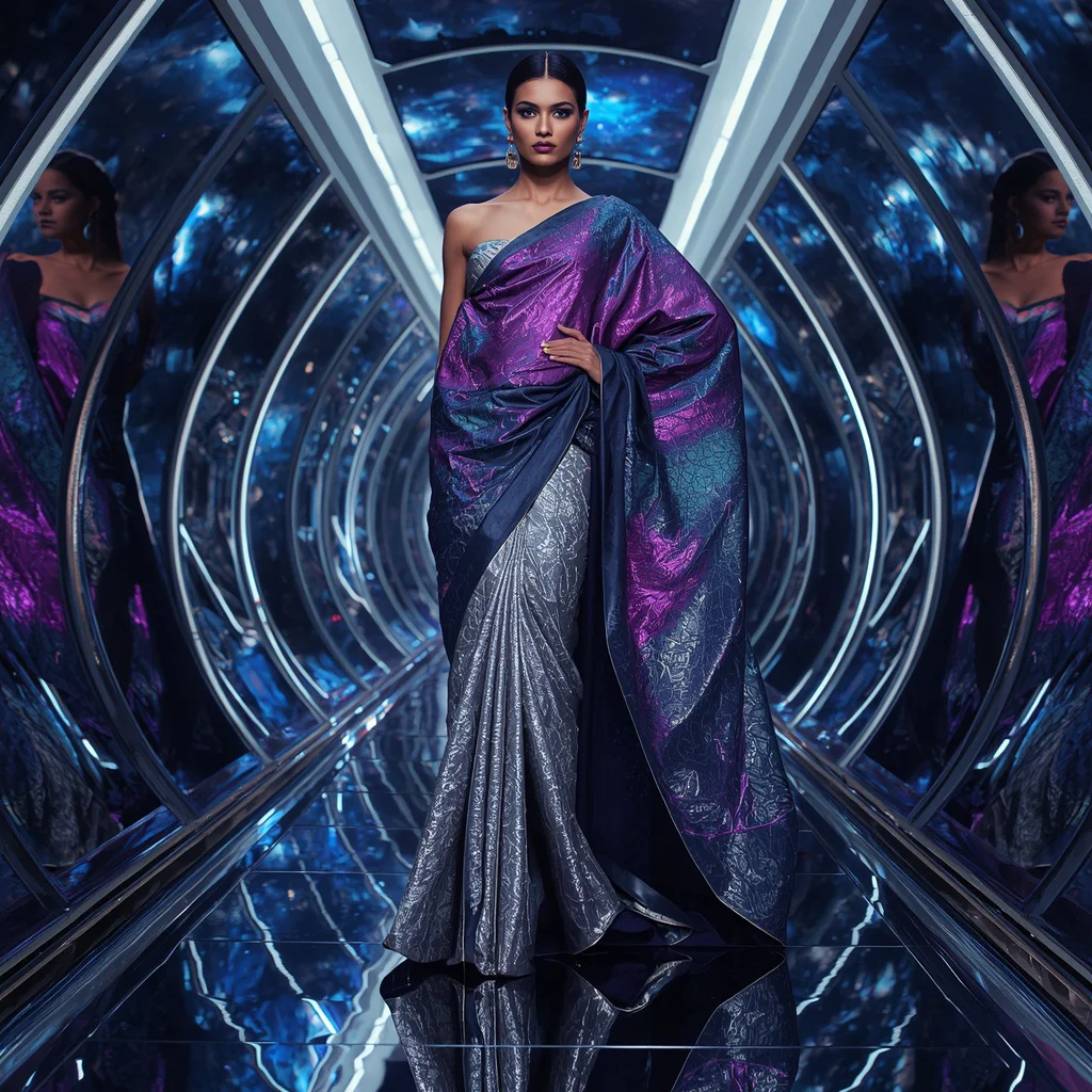 Mirror Alien Blade Saree with Cosmic Reflection Hall | prompt for gemini ai girl in traditional dress - Best 10 Serene Child Saree AI Prompts for Cloud Gazing Photography AI Prompt