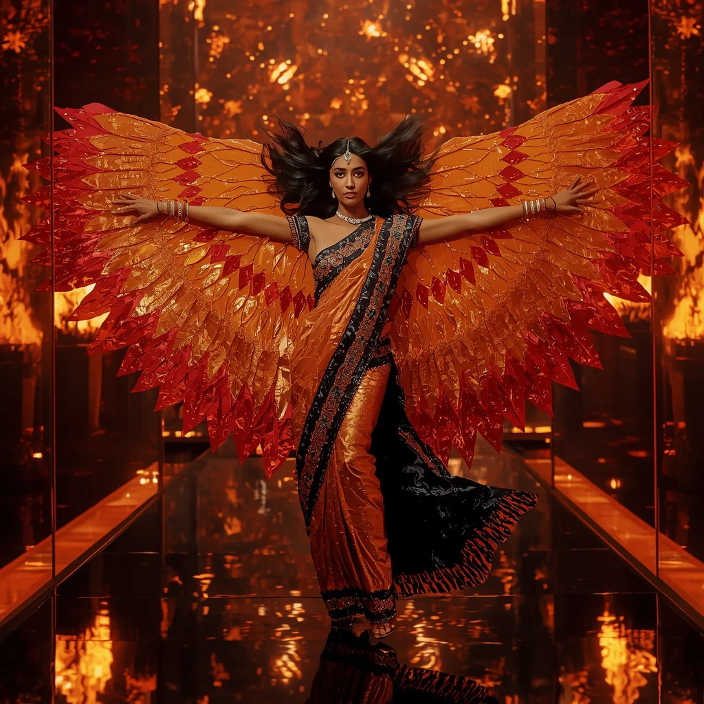 Mirror Fire Wing Saree with Ember Reflection Chamber | traditional prompt for gemini ai girl instagram - Artistic Hand-Painted Floral Saree AI Prompts for Garden Elegance AI Prompt