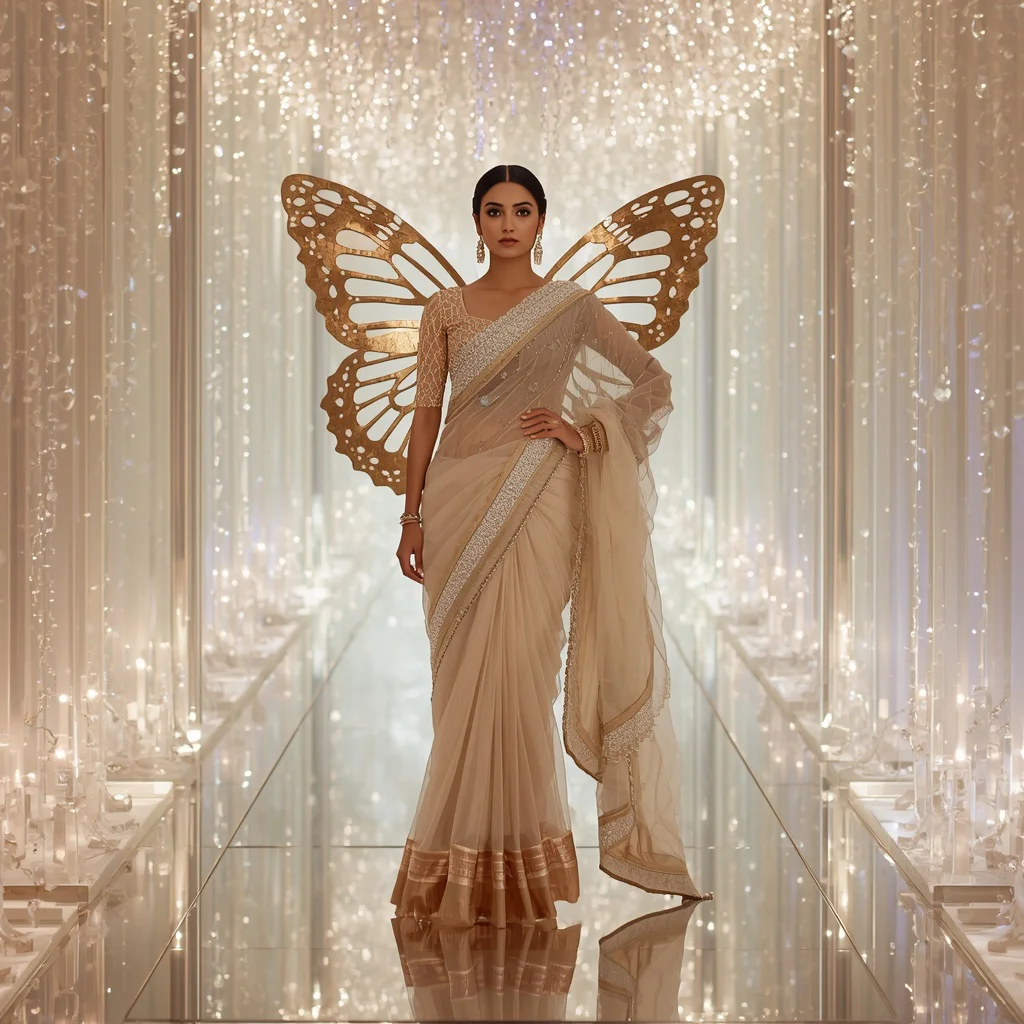 Modern Butterfly Diamond Saree Fashion with Ivory Reflection Crystal Infinity Hall Background | chatgpt prompt for saree look - New 10 Traditional Young Girl Saree AI Prompts for Village Temple Visits AI Prompt