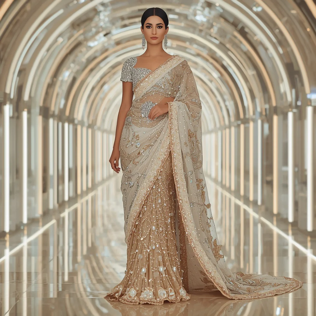 Moon Pearl Diamond Cascade Saree with Reflection Crystal Crown Hall | prompt for gemini ai girl modern saree instagram - Best 10 Artistic Child Saree AI Prompts for Digital Mixed Media Art AI Prompt