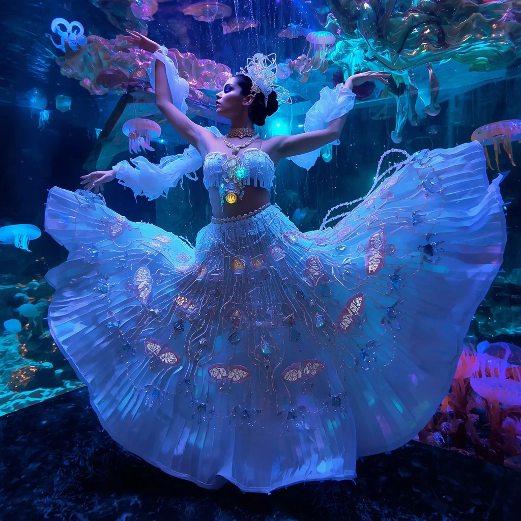 Neon Jellyfish Empire Saree with Floating Bioluminescent Ocean Palace | prompt for girls in saree online - Top 10 Charming Teen Saree AI Image Prompts for Historical reenactments AI Prompt