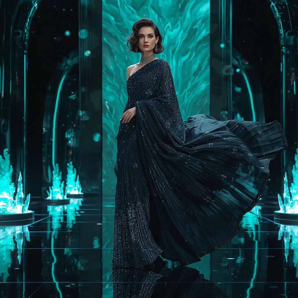 Obsidian Ocean Flame Saree with Shadow Aqua Neon Fortress | prompt for gemini girl style trending - New 10 Bollywood Glam Saree AI Prompts for Celebratory Indian Festive Wear Photography AI Prompt