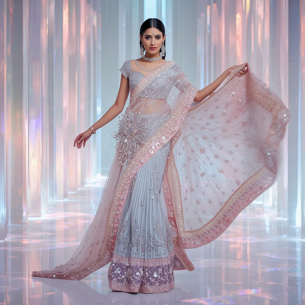 Opal Aurora Fantasy Saree with Floating Prism Crystal Dream Hall | traditional saree prompt for girl online - Classic Jamdani Saree AI Image Prompts for Elegant Artistry AI Prompt