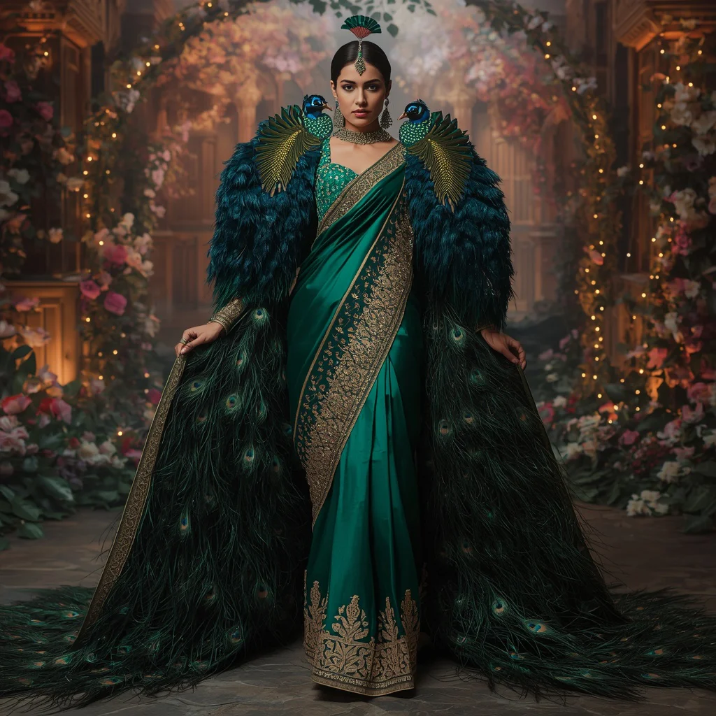 Peacock Armor Couture Saree with Jewel Forest Palace | saree prompt for gemini girl instagram - Traditional Mysore Silk Saree AI Image Prompts for Southern Charm AI Prompt