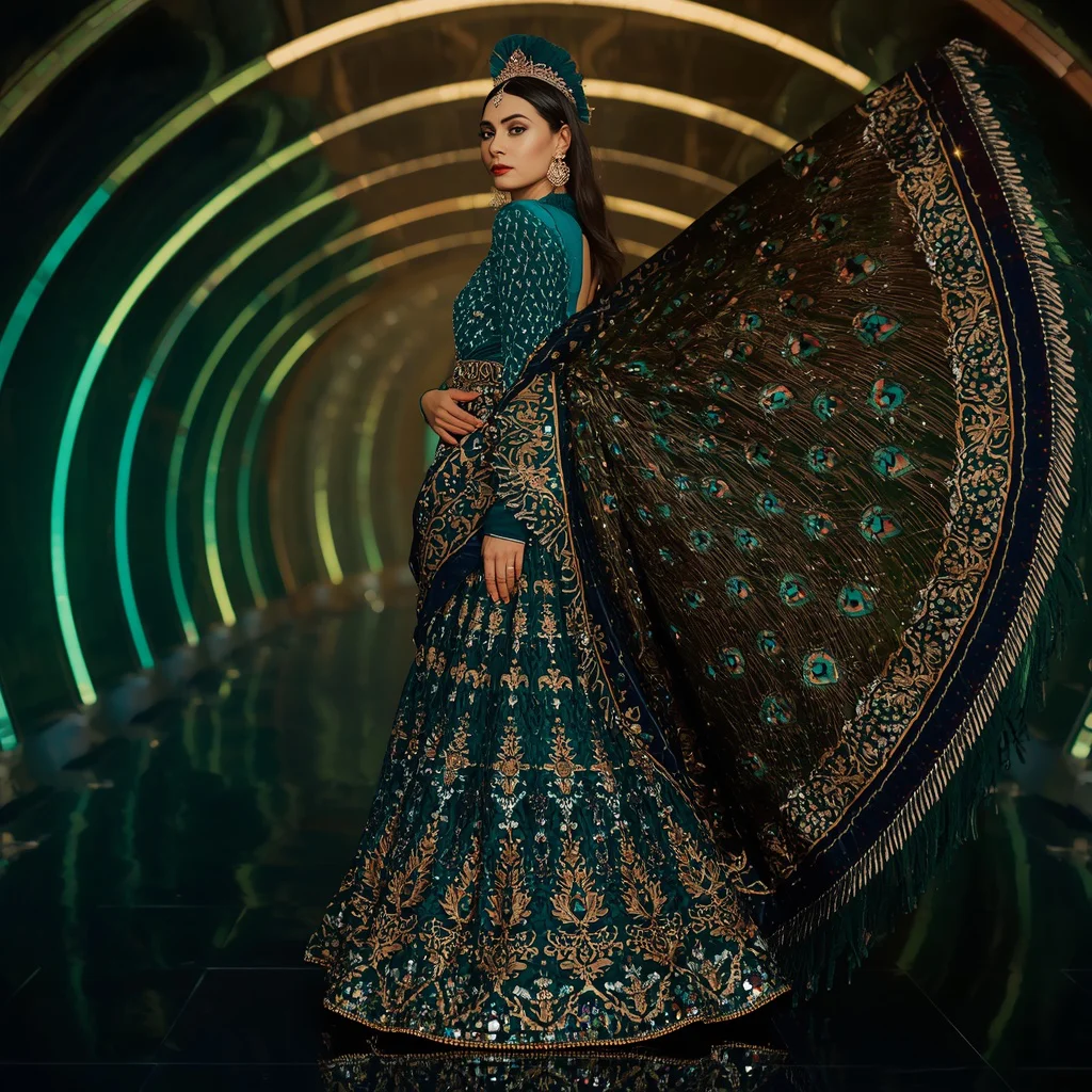 Peacock Imperial Fan Crown Saree with Infinity Royal Jewel Crown Hall | new trending purple saree prompt - Top 10 Modern Teen Saree AI Prompts for Urban Street Photography AI Prompt