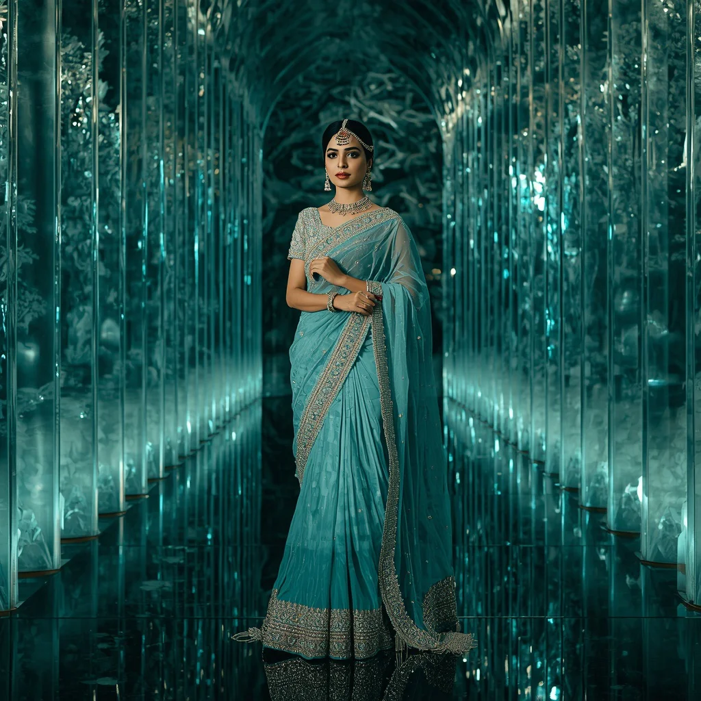 Premium Aqua Aurora Saree Look with Ocean Reflection Crystal Cathedral Background | prompt for gemini ai girl in saree copy and paste - New 10 Traditional Young Girl Saree AI Prompts for Village Temple Visits AI Prompt