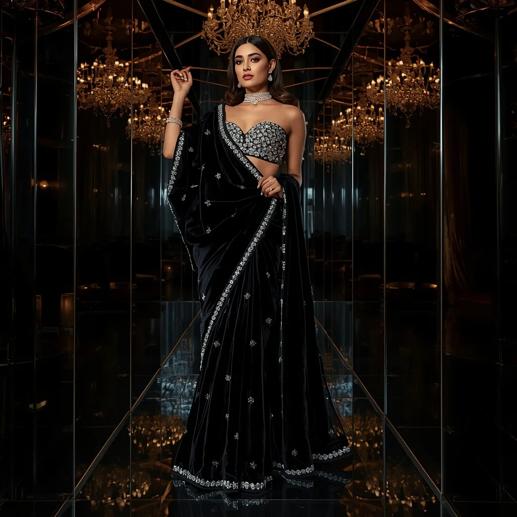 Premium Black Diamond Velvet Saree Pose with Noir Reflection Hall Background | prompt seen trending 2026 instagram - Best 10 Artistic Child Saree AI Prompts for Digital Mixed Media Art AI Prompt