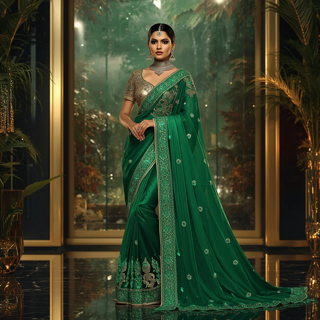 Premium Emerald Fire Saree Fashion with Rainforest Crystal Galaxy Palace Background | aesthetic saree ai prompt - New 10 Traditional Young Girl Saree AI Prompts for Village Temple Visits AI Prompt