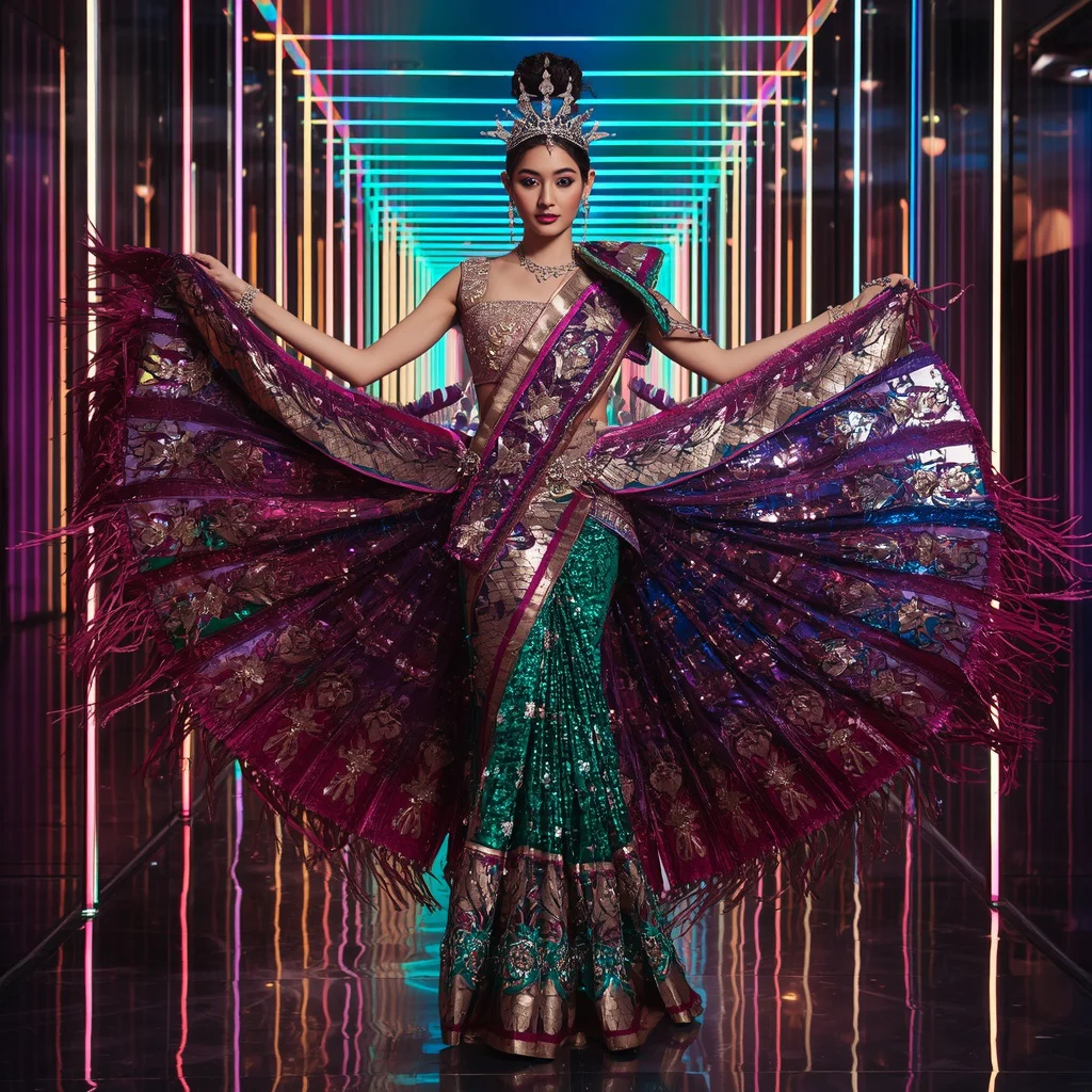 Rainbow Prism Celestial Crown Saree with Holographic Infinity Light Crown Hall | gemini prompt trending - New 10 Playful Young Girl Saree AI Prompts for Playground Adventures AI Prompt