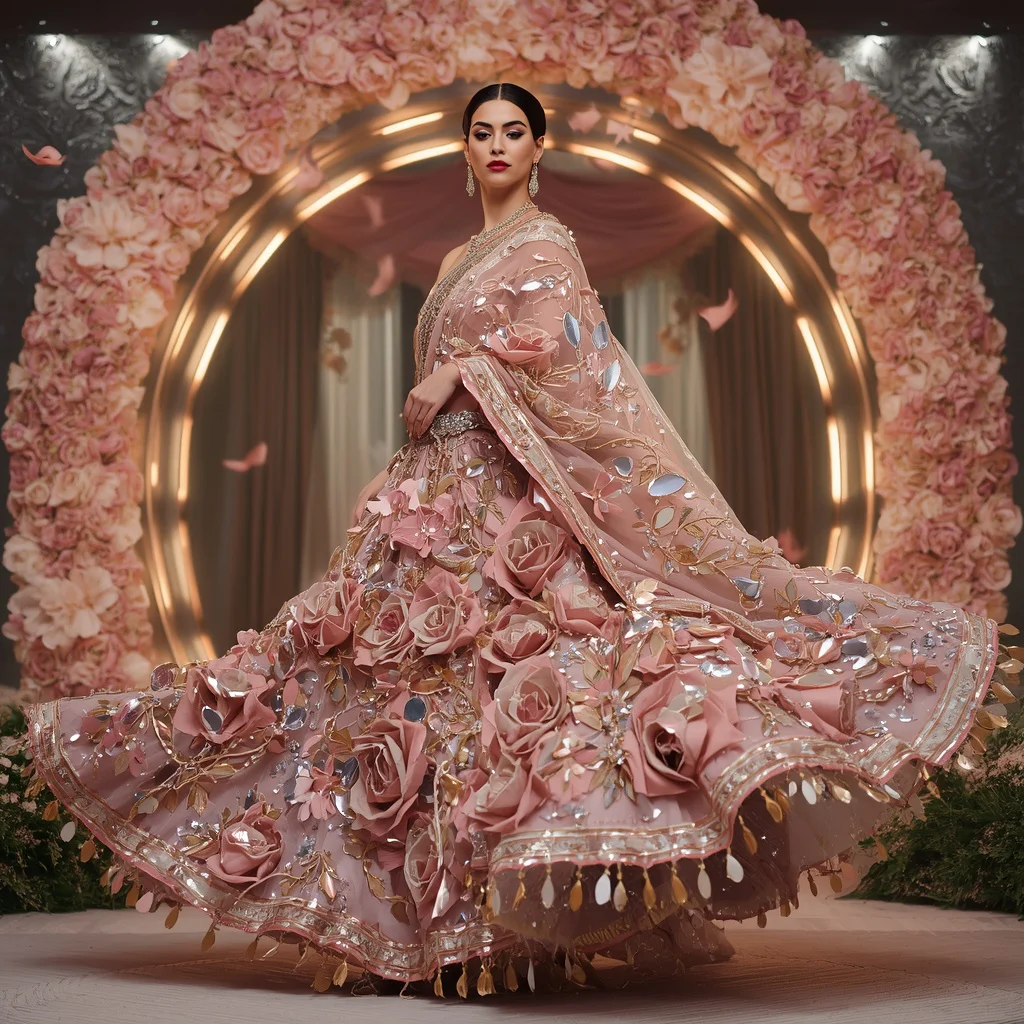 Rose Blossom Crystal Garden Saree with Floating Floral Crown Hall | gemini girl photo prompt saree - Best 10 Artistic Child Saree AI Prompts for Digital Mixed Media Art AI Prompt