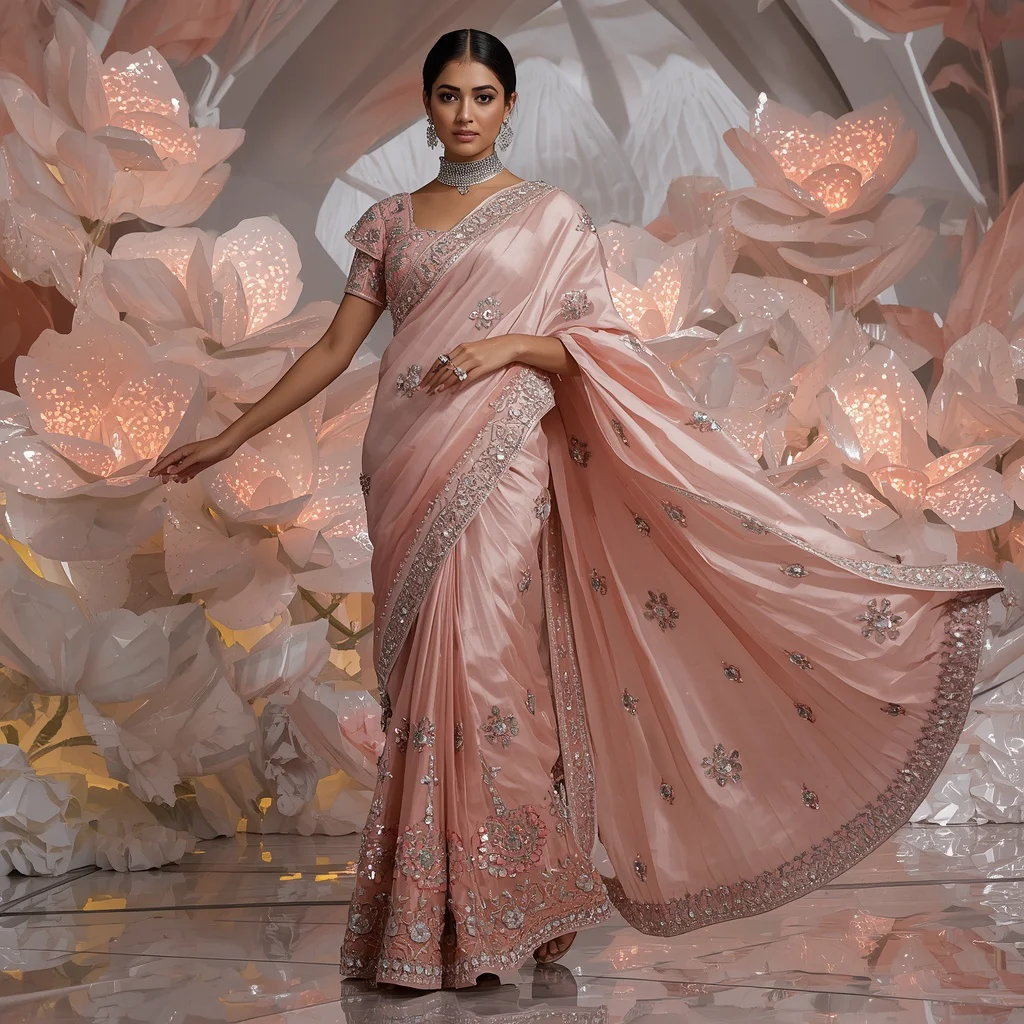 Rose Quartz Blossom Queen Saree with Illuminated Floral Crystal Garden | chatgpt photo editing prompts for girl aesthetic - Classic Jamdani Saree AI Image Prompts for Elegant Artistry AI Prompt