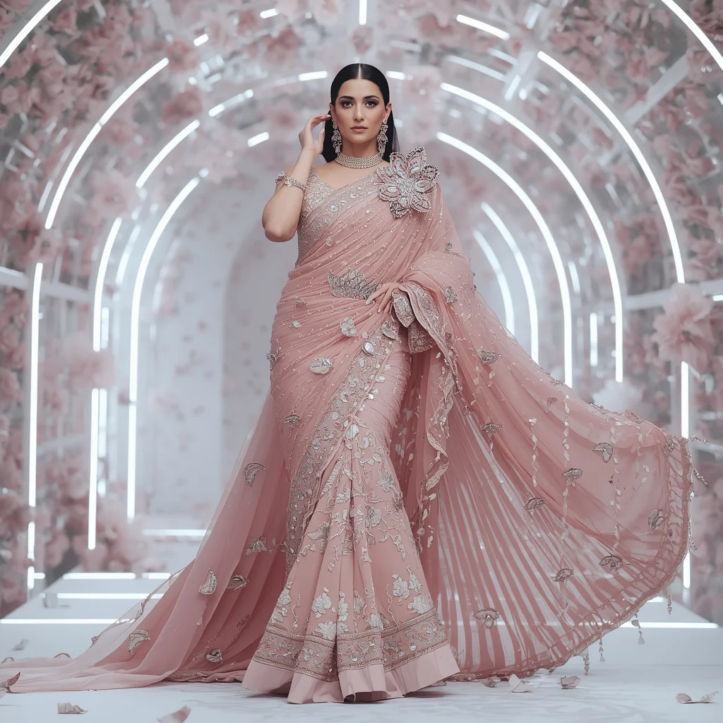 Rose Quartz Floral Crown Saree with Floating Crystal Blossom Crown Hall | trending prompt in instagram reels - Top 10 Modern Teen Saree AI Prompts for Urban Street Photography AI Prompt