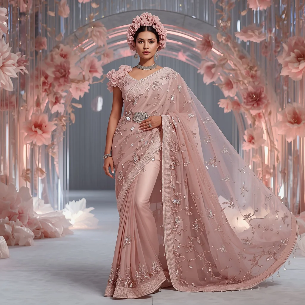 Rose Quartz Floral Crown Saree with Floating Crystal Blossom Palace of Dreams | prompt seen saree girl - Glamorous Brocade Silk Saree AI Prompts for Opulent Celebrations AI Prompt