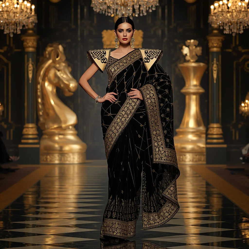 Royal Chess Queen Saree with Black and Gold Palace | gemini girl photo prompt saree - New 10 Playful Young Girl Saree AI Prompts for Playground Adventures AI Prompt