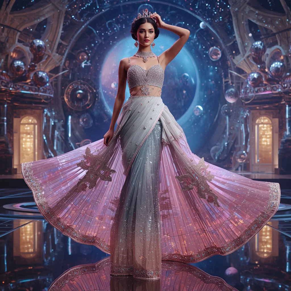 Royal Crystal Planetarium Saree with Orbit Dome Empire | new ai prompt for image generation free - Best 10 Serene Child Saree AI Prompts for Lakeside Meditation Photography AI Prompt