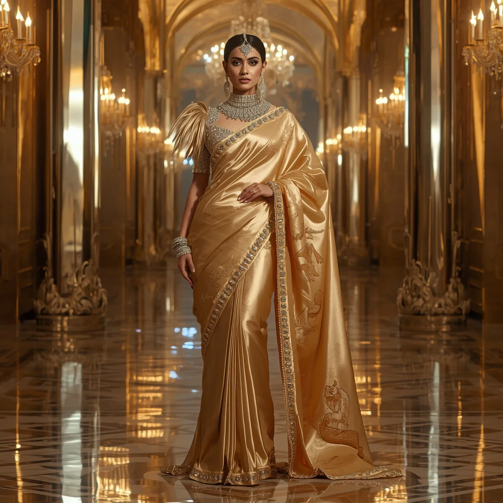 Royal Golden Wolf Saree Look with Giant Crystal Reflection Fortress Background | best saree prompt for gemini girl - New 10 Traditional Young Girl Saree AI Prompts for Village Temple Visits AI Prompt