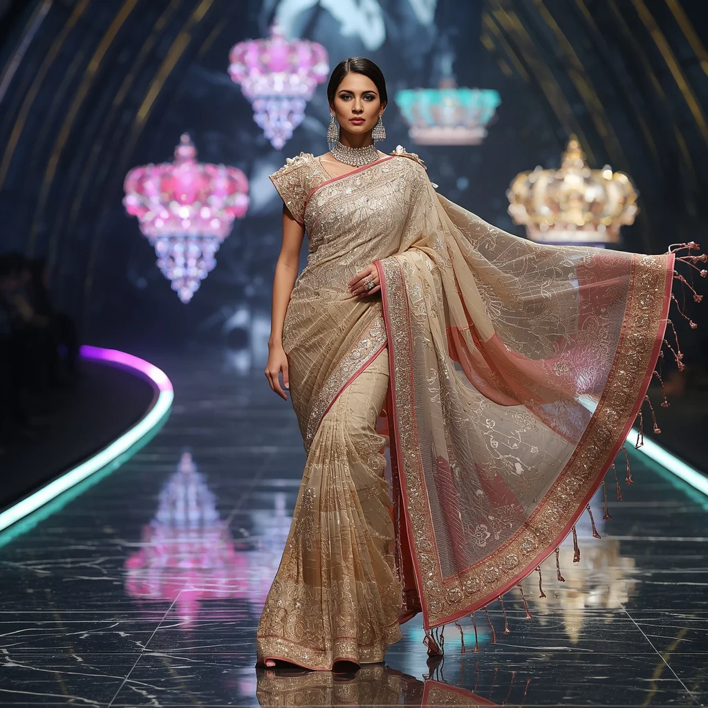 Royal Liquid Diamond Saree with Floating Infinity Crystal Crown Runway | chatgpt photo editing prompts text - Glamorous Brocade Silk Saree AI Prompts for Opulent Celebrations AI Prompt