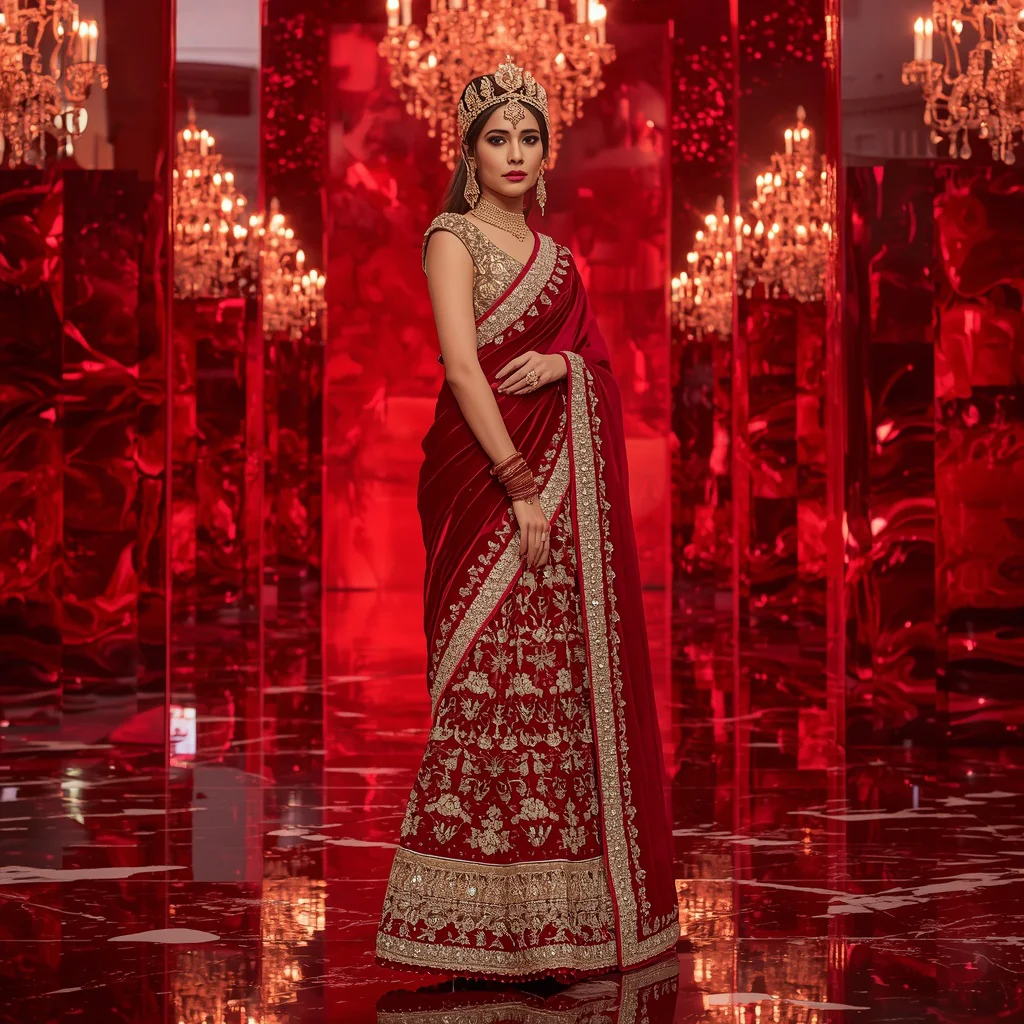 Royal Ruby Crown Saree Couture with Red Reflection Crystal Fortress Background | ai prompt generator - New 10 Traditional Young Girl Saree AI Prompts for Village Temple Visits AI Prompt