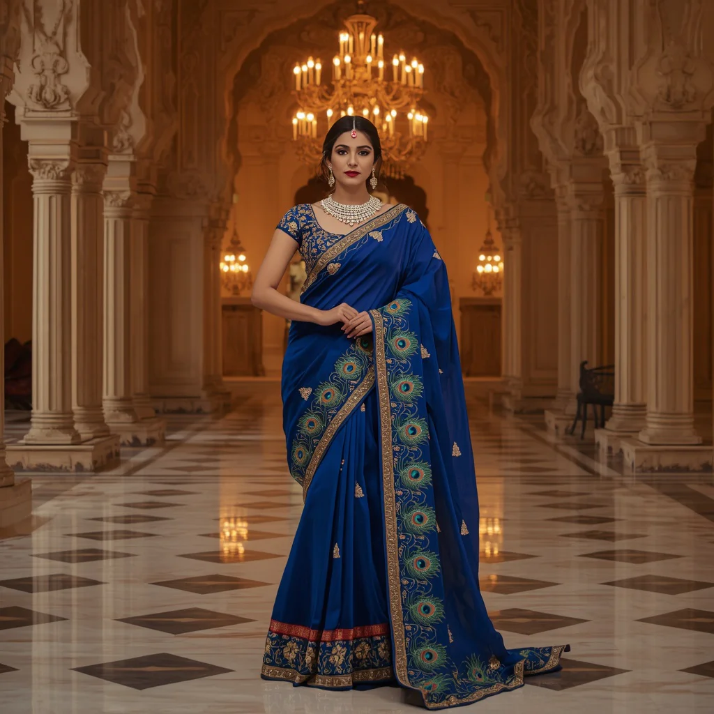 Royal Sapphire Peacock Saree Pose with Heritage Golden Mahal Background | ai prompt text to image - Best 10 Artistic Child Saree AI Prompts for Digital Mixed Media Art AI Prompt