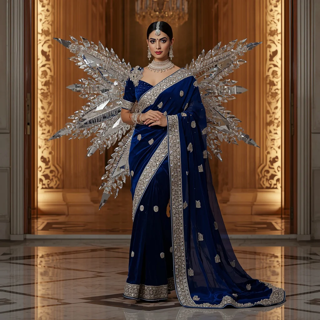 Royal Sapphire Pearl Saree Fashion with Crystal Heritage Corridor Background | prompt seen trending girl instagram in saree - Glamorous Brocade Silk Saree AI Prompts for Opulent Celebrations AI Prompt