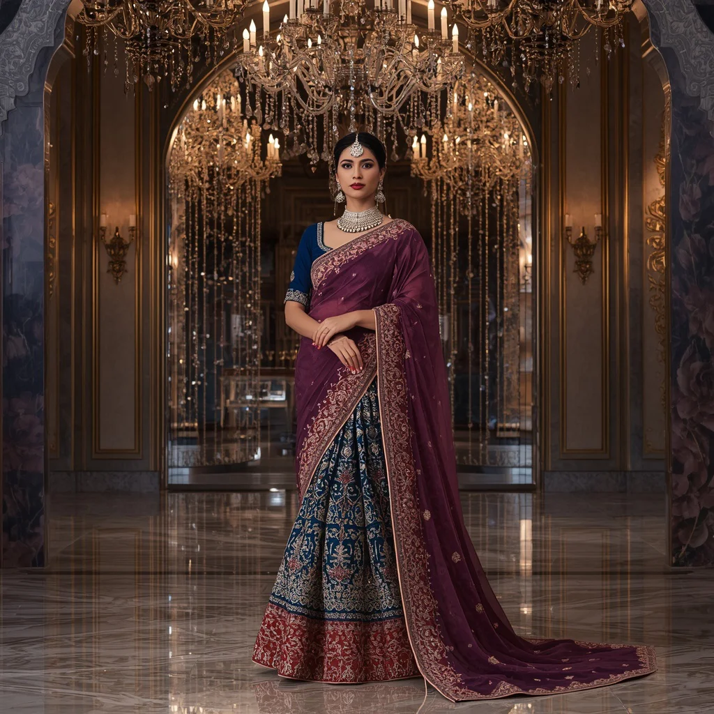 Royal Sapphire Rose Saree Fashion with Crystal Heritage Infinity Dome Background | chatgpt saree prompt in english - Top 10 Charming Teen Saree AI Image Prompts for Historical reenactments AI Prompt