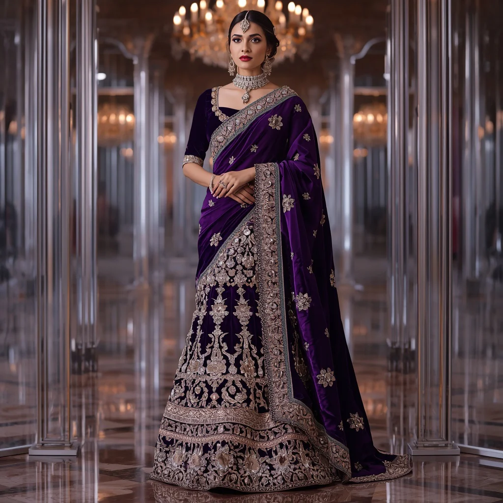Royal Velvet Amethyst Empress Saree with Crystal Royal Ballroom | chatgpt photo editing prompts for girl in saree - Top 10 Charming Teen Saree AI Image Prompts for School Talent Shows AI Prompt
