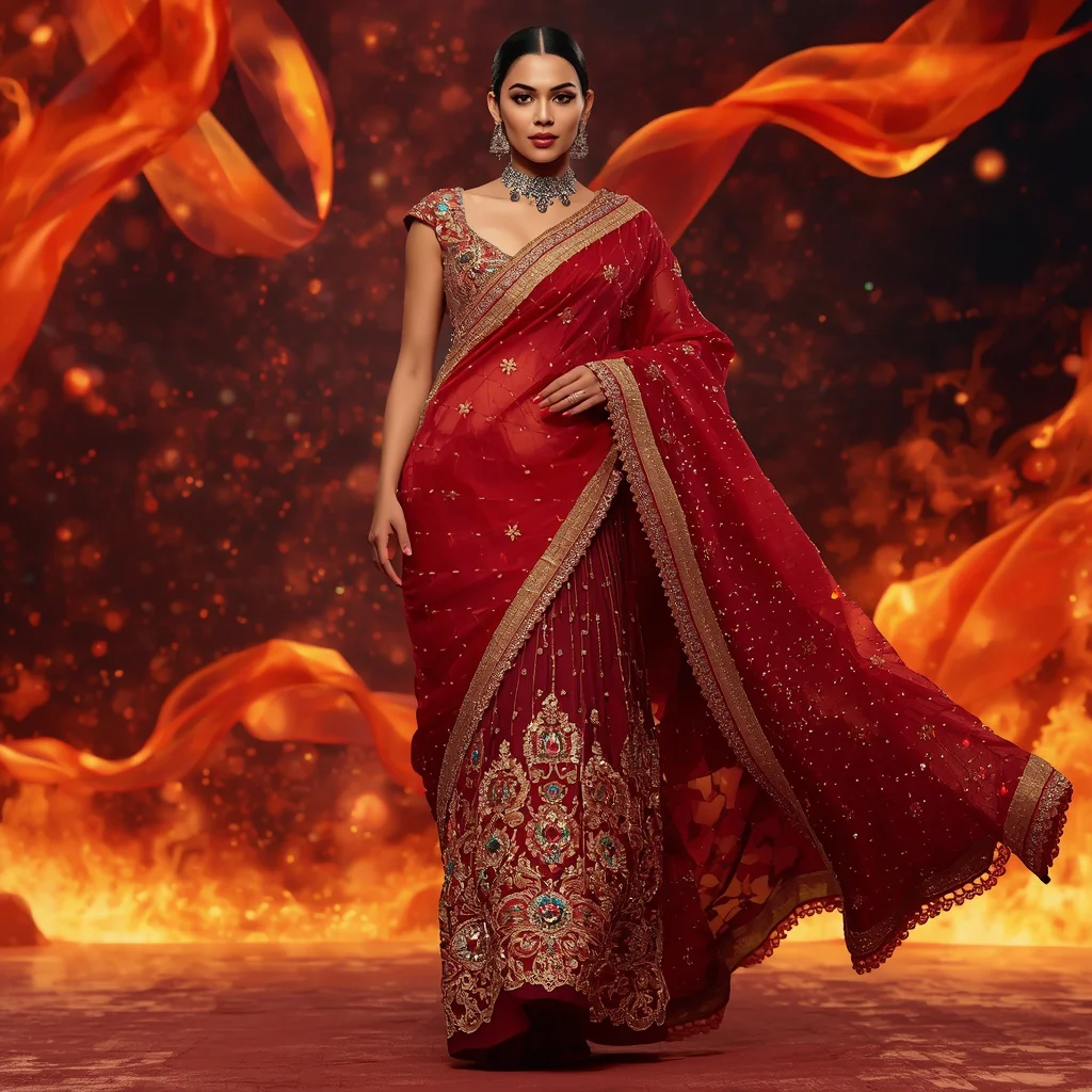 Ruby Phoenix Inferno Saree with Sculpted Flame Ribbon Universe | ai prompt text to image - Classic Jamdani Saree AI Image Prompts for Elegant Artistry AI Prompt