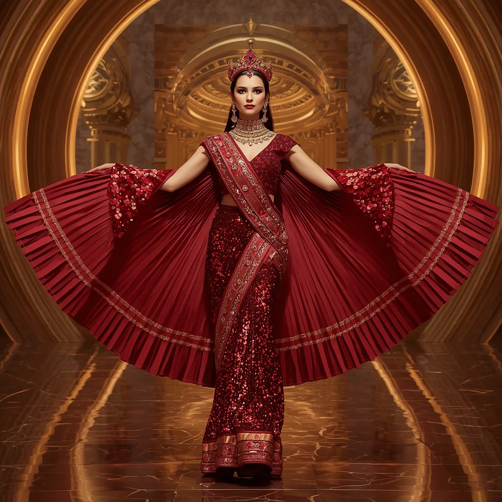 Ruby Temple Crown Saree with Floating Royal Solar Galaxy | trending saree prompt for girl in english - New 10 Bollywood Glam Saree AI Prompts for Celebratory Indian Festive Wear Photography AI Prompt
