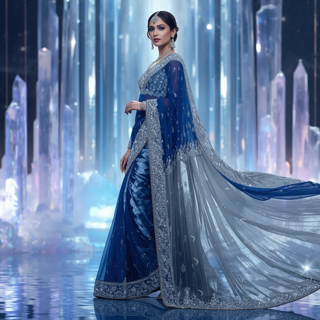 Sapphire Frost Empress Saree with Frozen Prism Crystal Palace | prompt for gemini ai girl style trending indian - Classic Jamdani Saree AI Image Prompts for Elegant Artistry AI Prompt