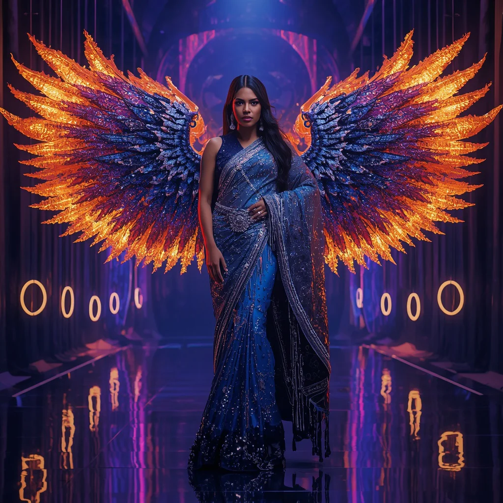Sapphire Phoenix Flame Wing Saree with Radiant Crystal Fire Crown Hall | new instagram trending photo editing prompt - Best 10 Artistic Child Saree AI Prompts for Digital Mixed Media Art AI Prompt