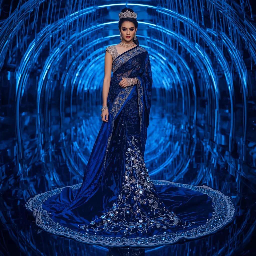 Sapphire Royal Crown Saree with Infinity Mirror Jewel Crown Hall | traditional saree ai prompt - Top 10 Modern Teen Saree AI Prompts for Urban Street Photography AI Prompt