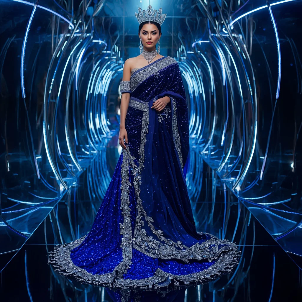 Sapphire Royal Crown Saree with Infinity Mirror Jewel Palace of Dreams | prompt for gemini ai girl - Glamorous Brocade Silk Saree AI Prompts for Opulent Celebrations AI Prompt